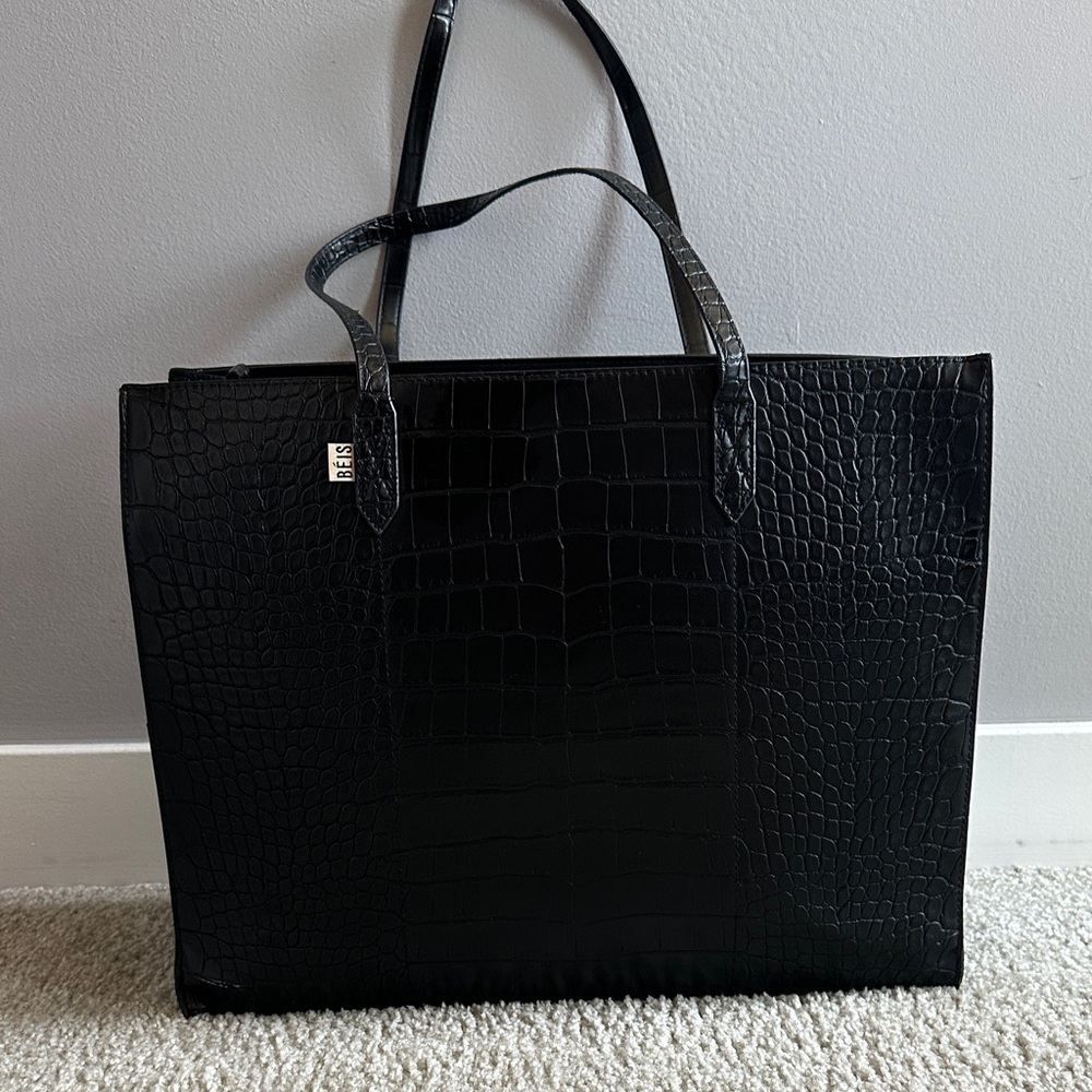 BEIS Black Croc-Embossed Tote